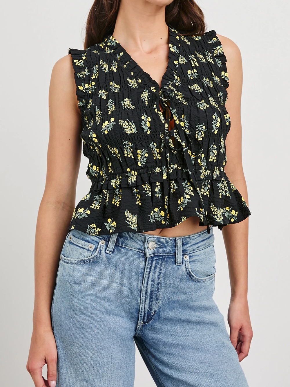 NWT Rails Martine Floral Smocked Ruffle Crop Top Black Yellow Women’s XL